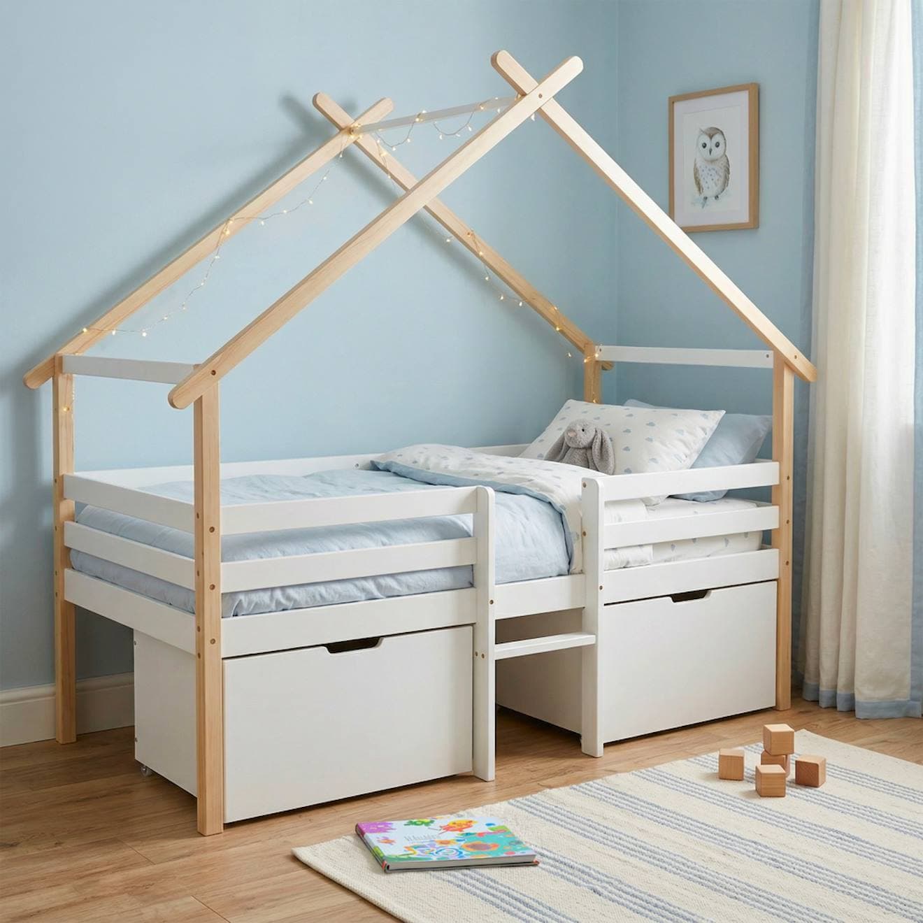 Lit cabane enfant Sienna 90×190 cm bois de pin blanc avec sommier et 2 tiroirs
