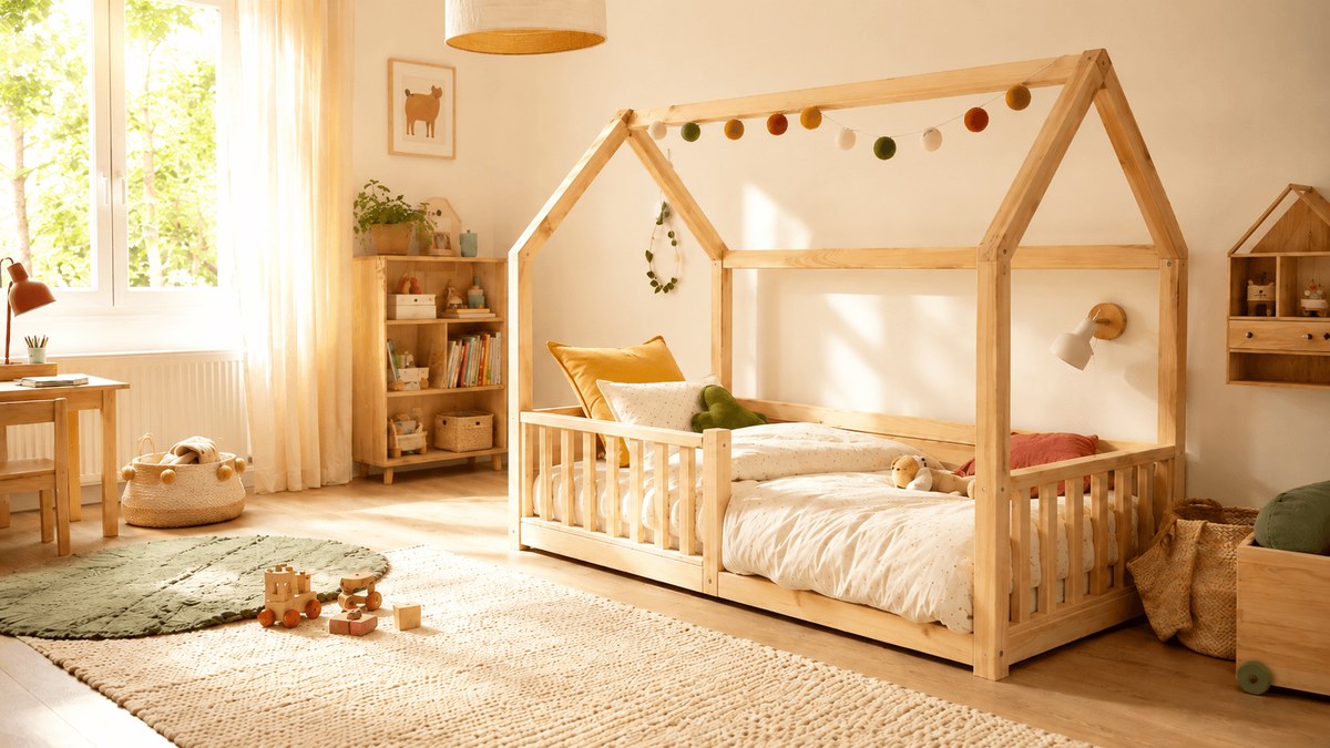 Chambre d’enfant avec lit cabane en bois clair