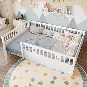 PUGSDRLY — Lit cabane Montessori 140x190 blanc avec barrière